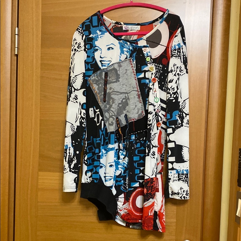 Blue and Red Asymmetrical Graphic Bodysuit. Design made in French. Size Large.